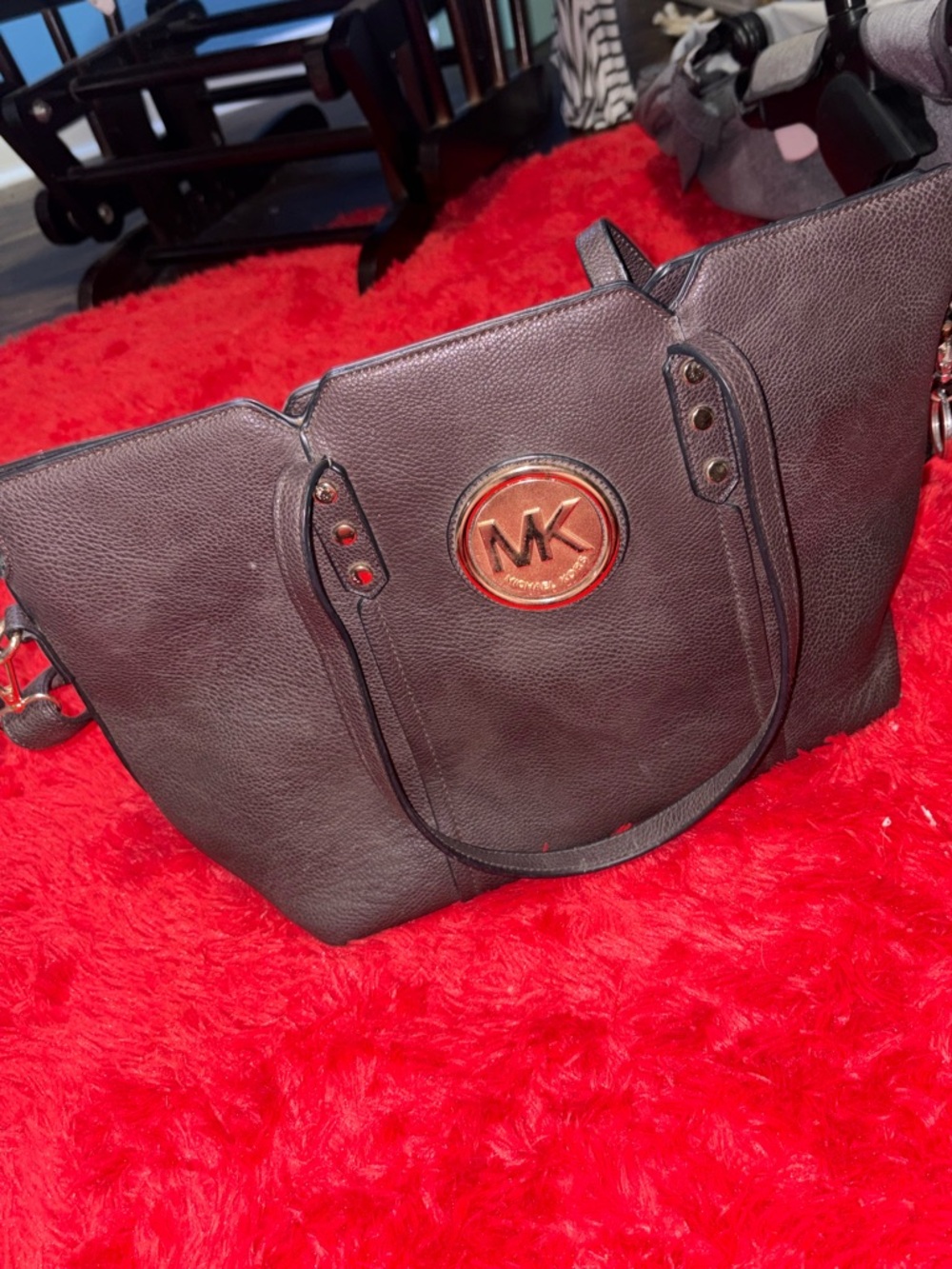 Michael Kors Dark Brown Pebbled Leather Tote with Gold Logo Medallion